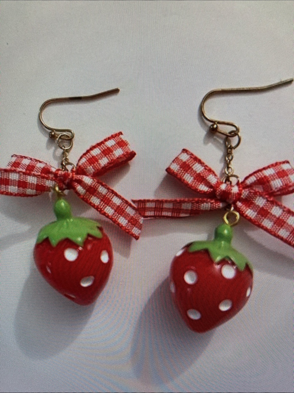 Red Strawberry Drop Earrings with Gingham Bow Accent